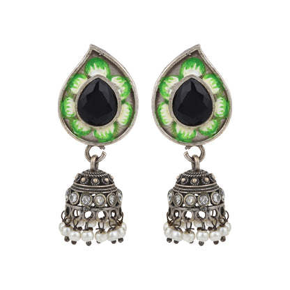 Green and red statement necklace set, Oni by Naitri, drop style seen on bust.