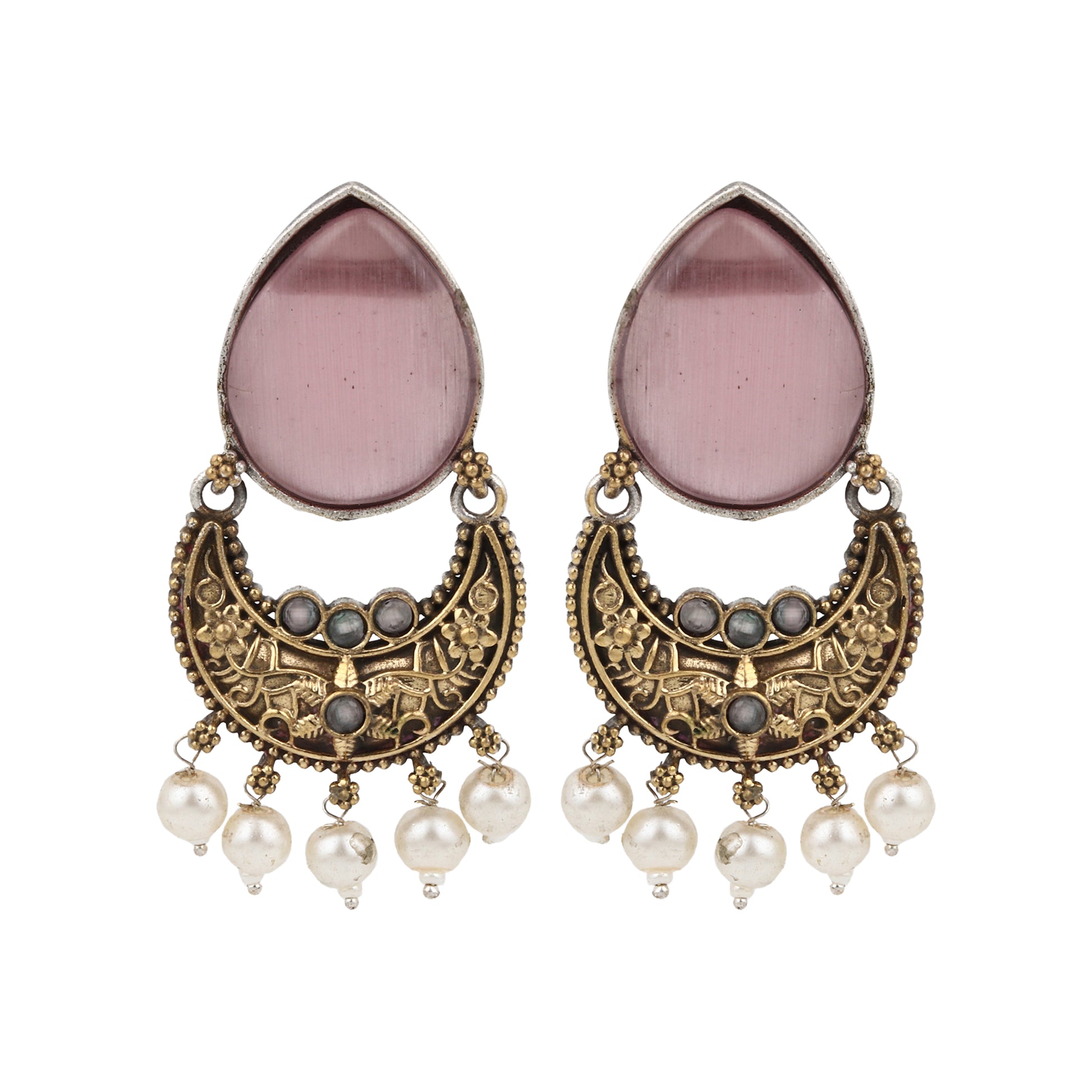 Brass choker necklace set with pink and silver pendant, luxurious display