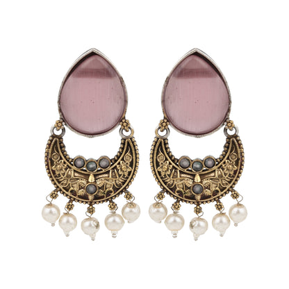 Brass choker necklace set with pink and silver pendant, luxurious display