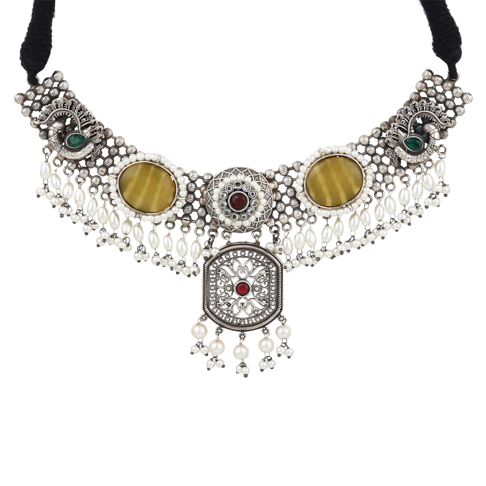 Yellow, multicolor and silver statement choker, Deveena by Naitri.