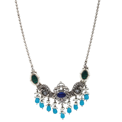 Silver and blue dangle necklace set, Amrita by Naitri, pendant style.