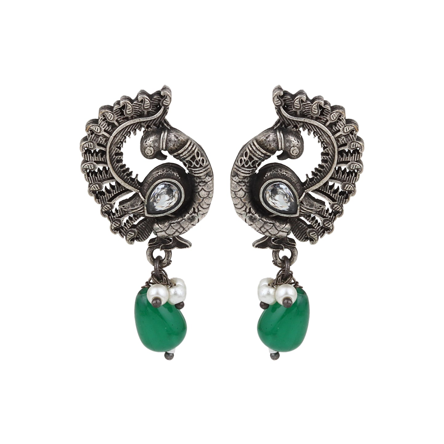 Green and silver pendant necklace set, Shyla by Naitri on white bust.