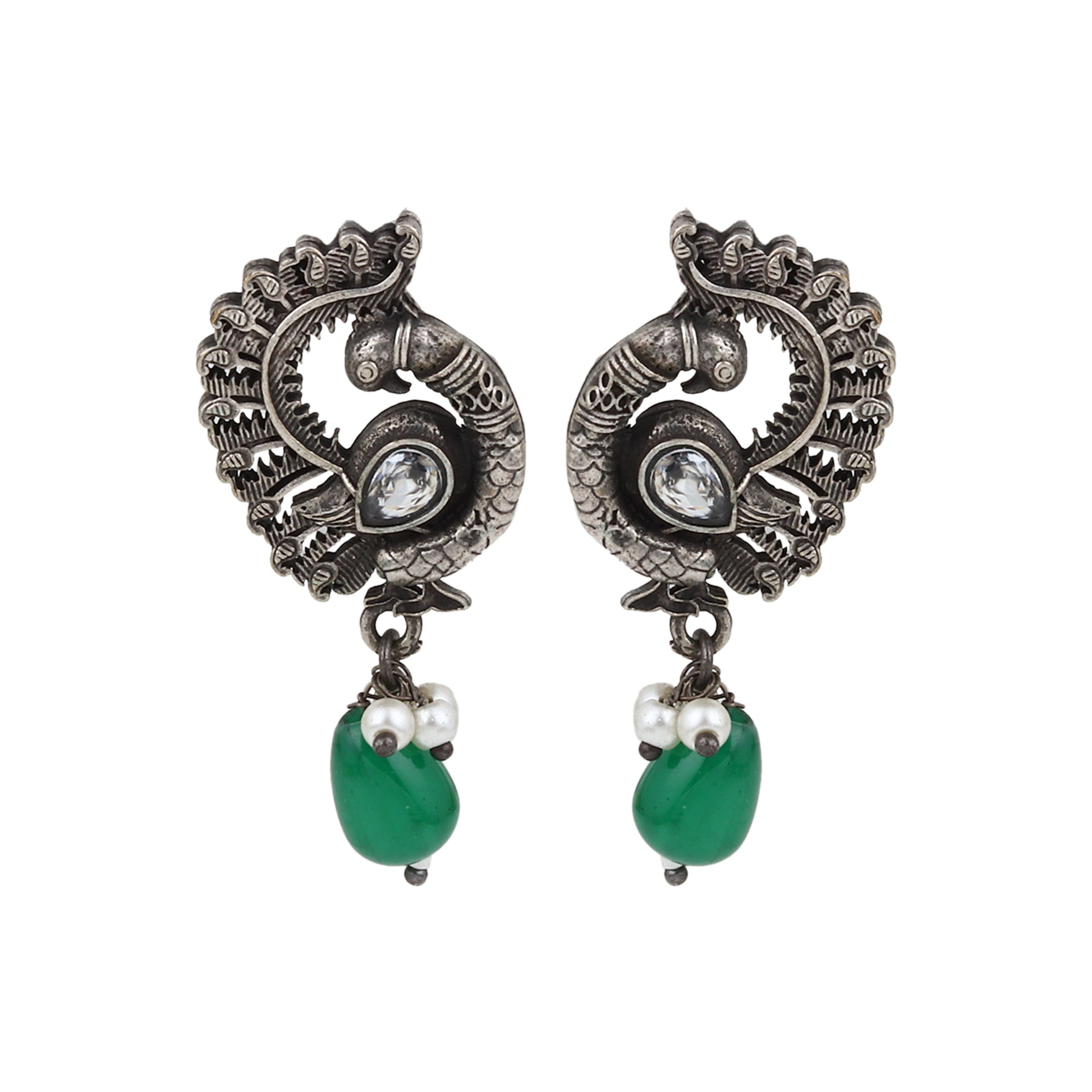 Green and silver pendant necklace set, Shyla by Naitri on white bust.