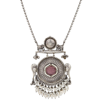 Silver, white, and pink pendant necklace set, Chandana by Naitri, displayed flat.