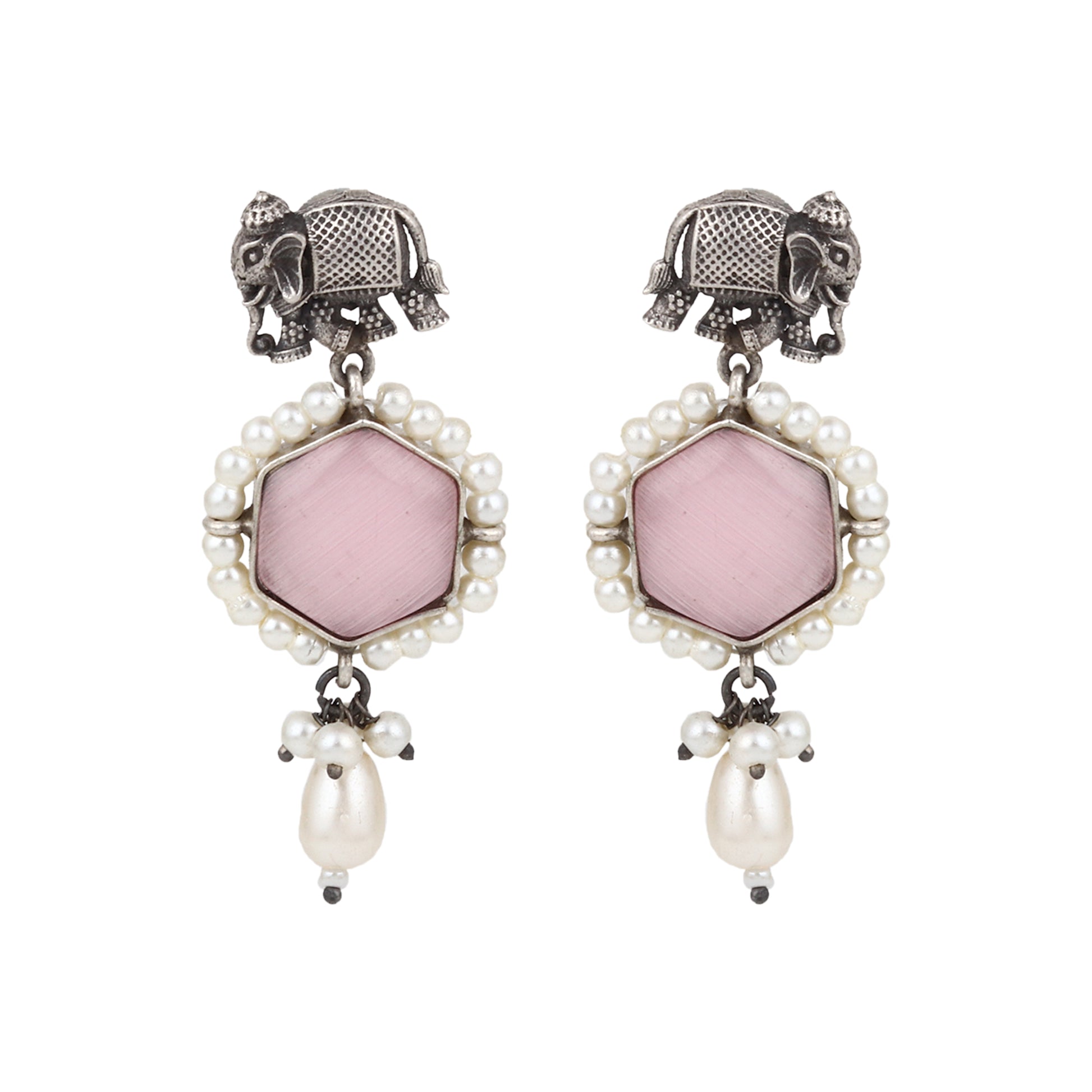 Silver, white, and pink pendant necklace set, Chandana by Naitri, displayed flat.