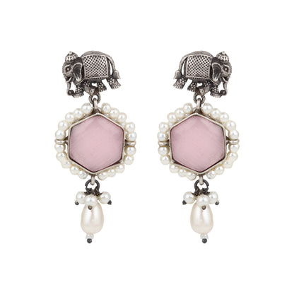 Silver, white, and pink pendant necklace set, Chandana by Naitri, displayed flat.