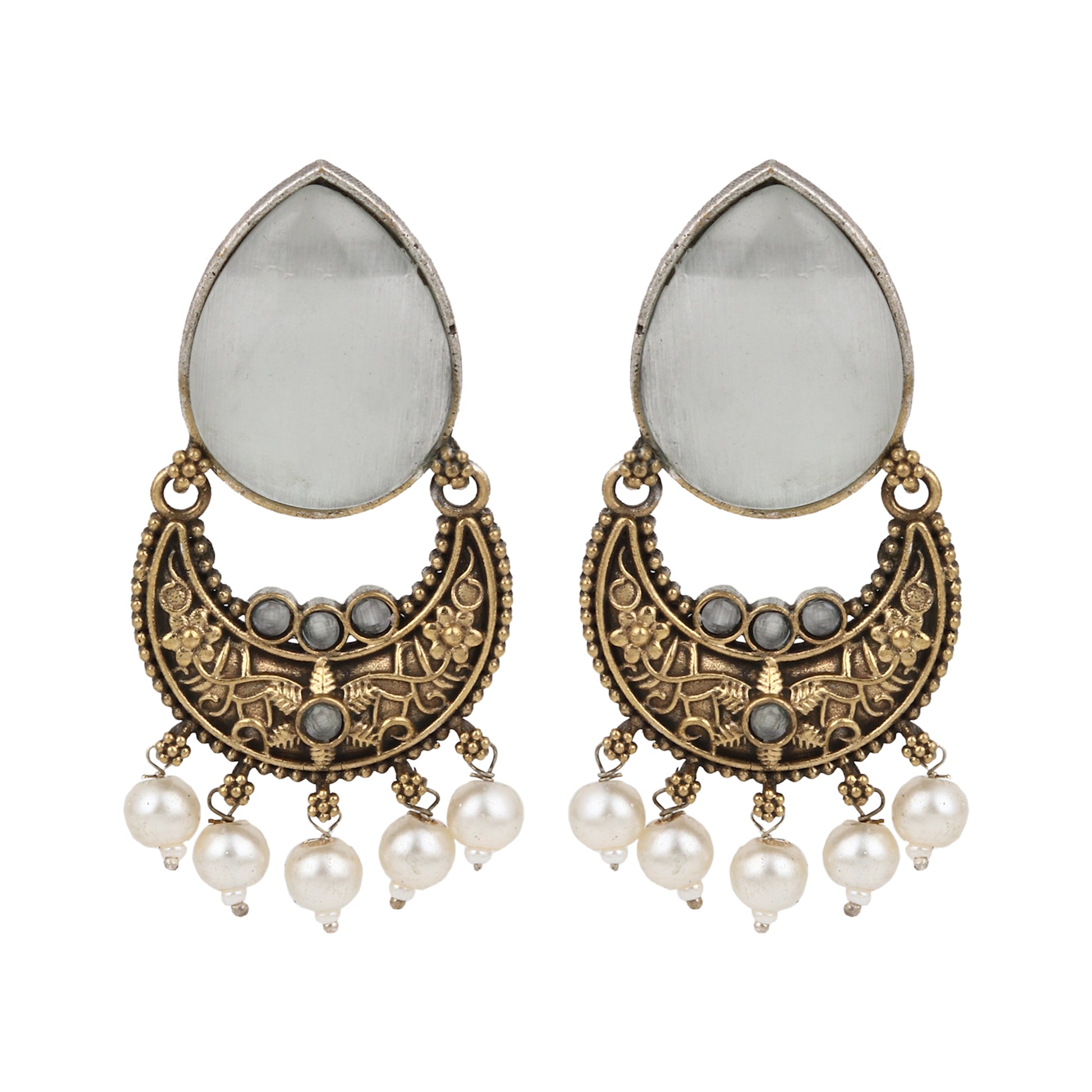 Gold and silver white dangle necklace set, Ziya by Naitri, beaded pendant.