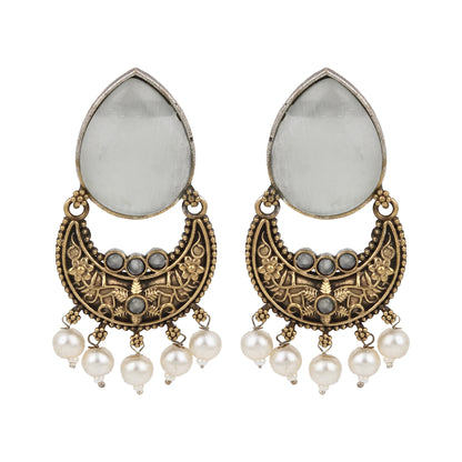 Gold and silver white dangle necklace set, Ziya by Naitri, beaded pendant.