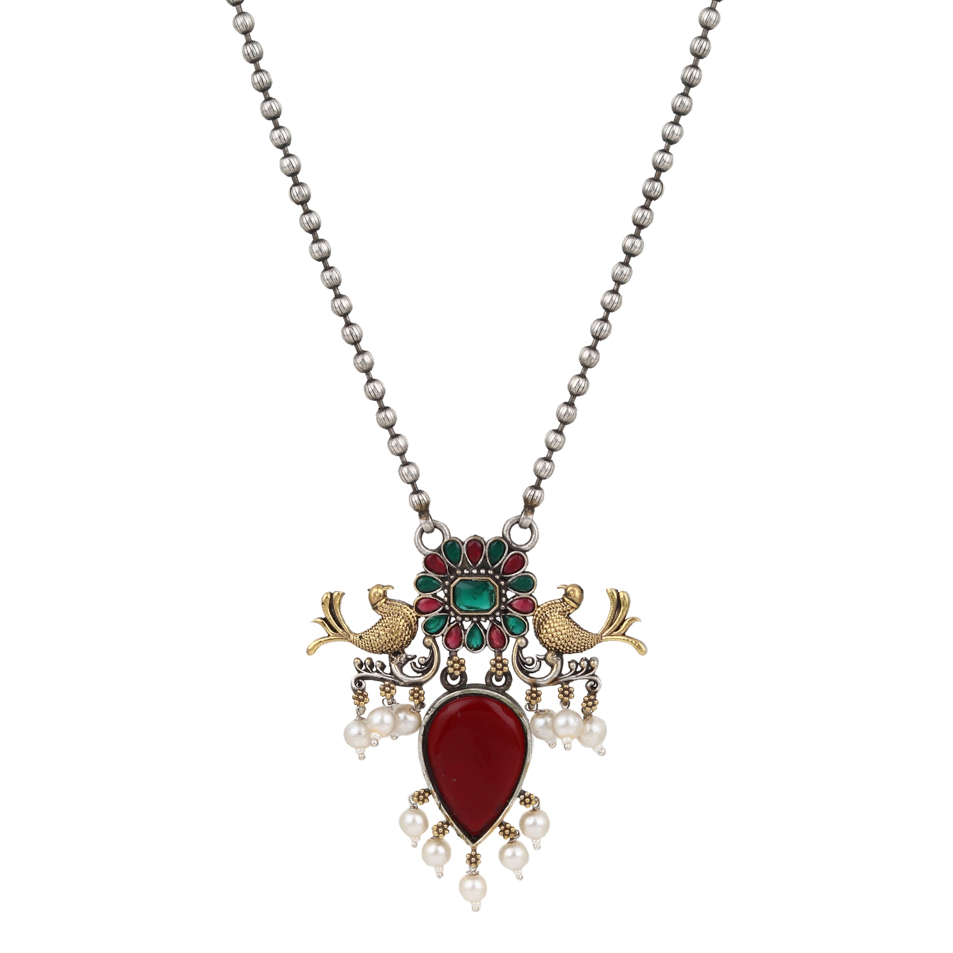 Silver, red and gold pendant necklace set, Preksha by Naitri, elegant traditional design.