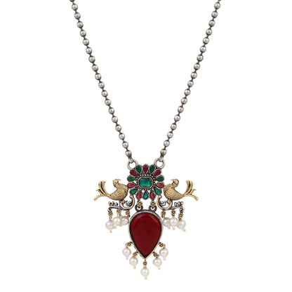 Silver, red and gold pendant necklace set, Preksha by Naitri, elegant traditional design.