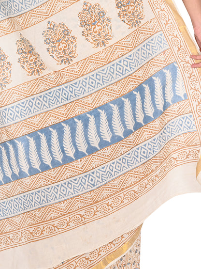 Model showcasing a classic drape of the Indrakshi saree, highlighting the intricate blue hand block patterns and gold-toned border by naitri.in