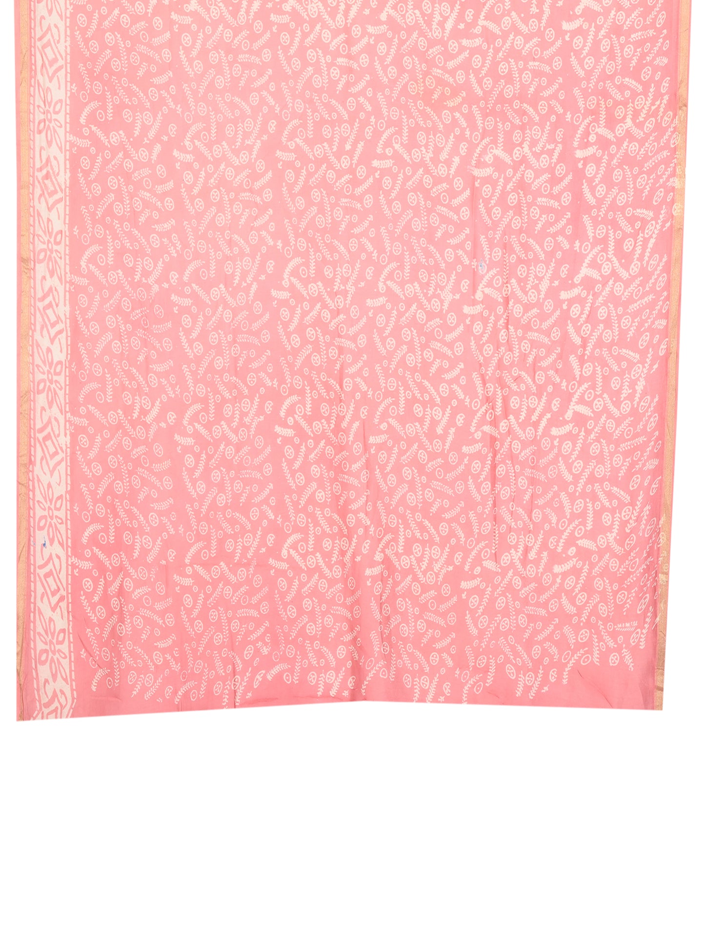 "Peach and white hand block printed cotton-silk saree with gold border detail women featuring gold zari borders and a matching blouse piece by naitri.in
