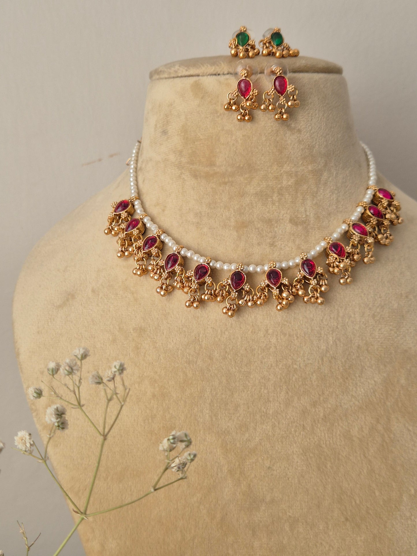 "Artisanal Jasmine necklace and earring set in a modern Indian ethnic aesthetic by naitri.in