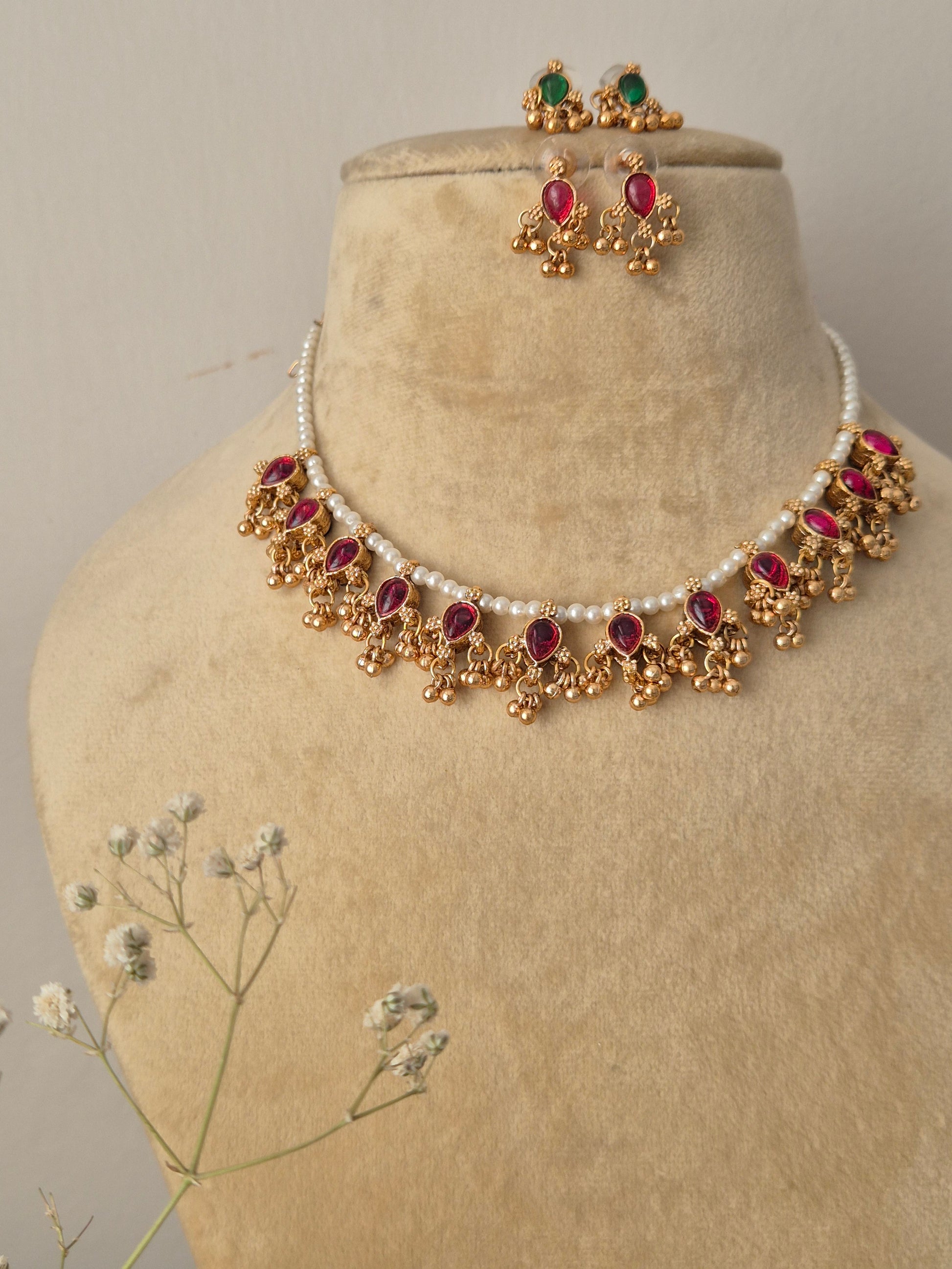 "Artisanal Jasmine necklace and earring set in a modern Indian ethnic aesthetic by naitri.in
