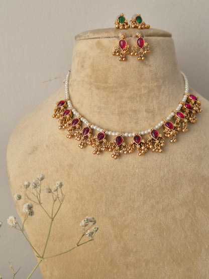 "Artisanal Jasmine necklace and earring set in a modern Indian ethnic aesthetic by naitri.in
