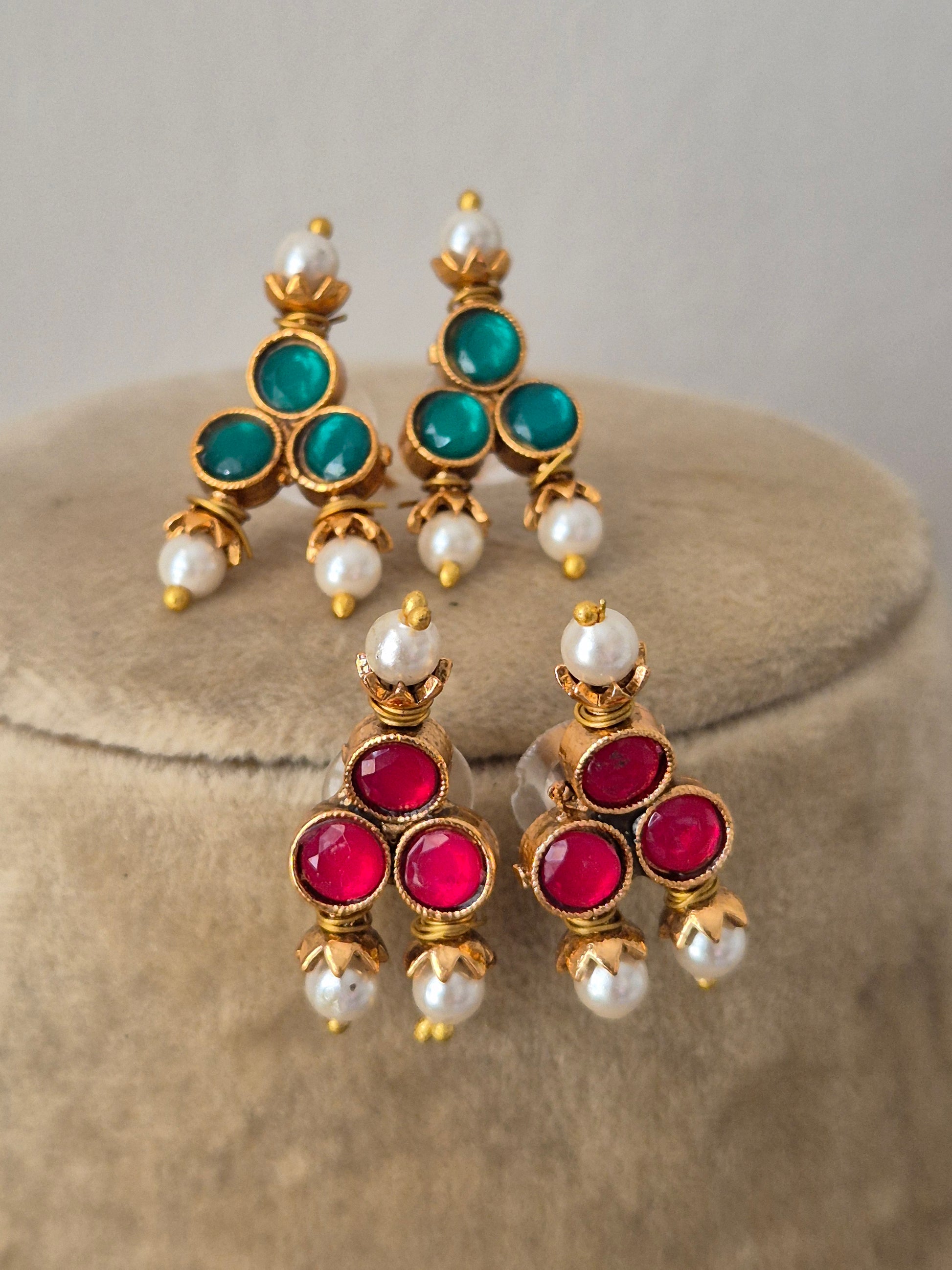 Antique gold-plated ethnic three vibrant pink stones, delicate dangling white pearls earring by naitri.in