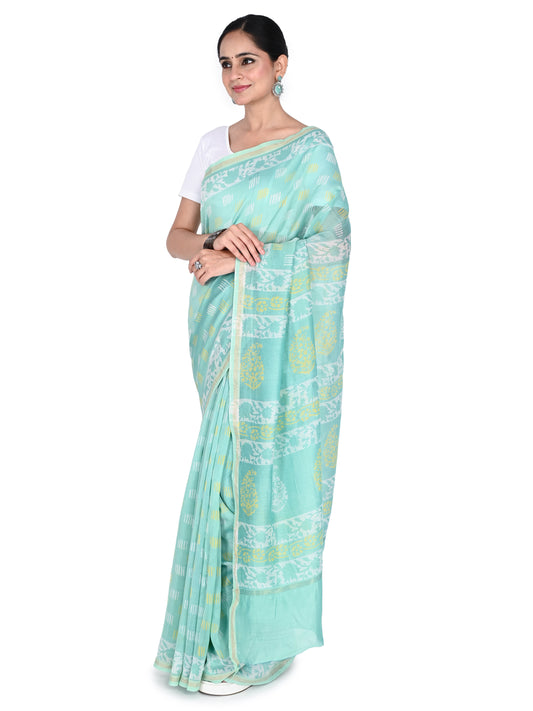 Traditional Bagh print saree for women featuring artisanal geometric patterns and a gold border by naitri.in