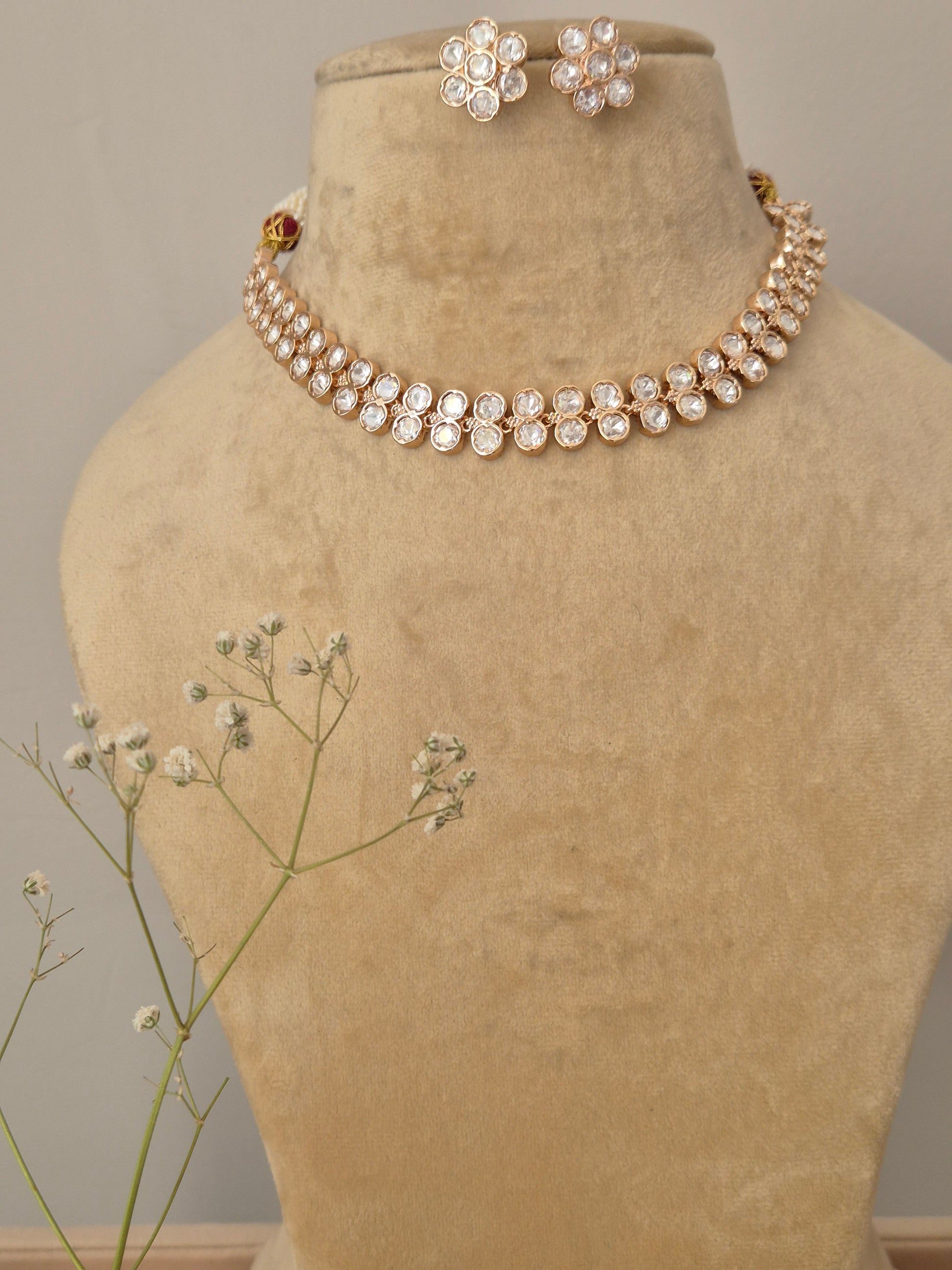American Diamond Necklace Set in rose gold finish with floral crystal earrings by Naitri.in
