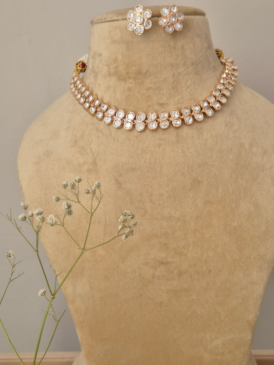 American Diamond Necklace Set in rose gold finish with floral crystal earrings by Naitri.in
