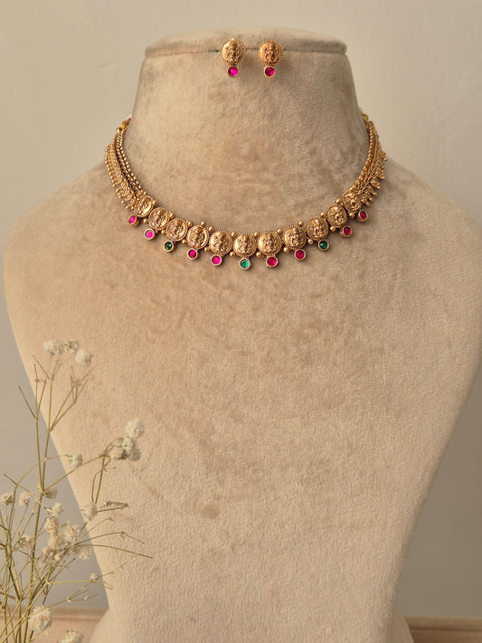 Gold necklace with colorful stones coin design, Delicate easy to carry for any occasion, party, wedding, festivals by naitri.in