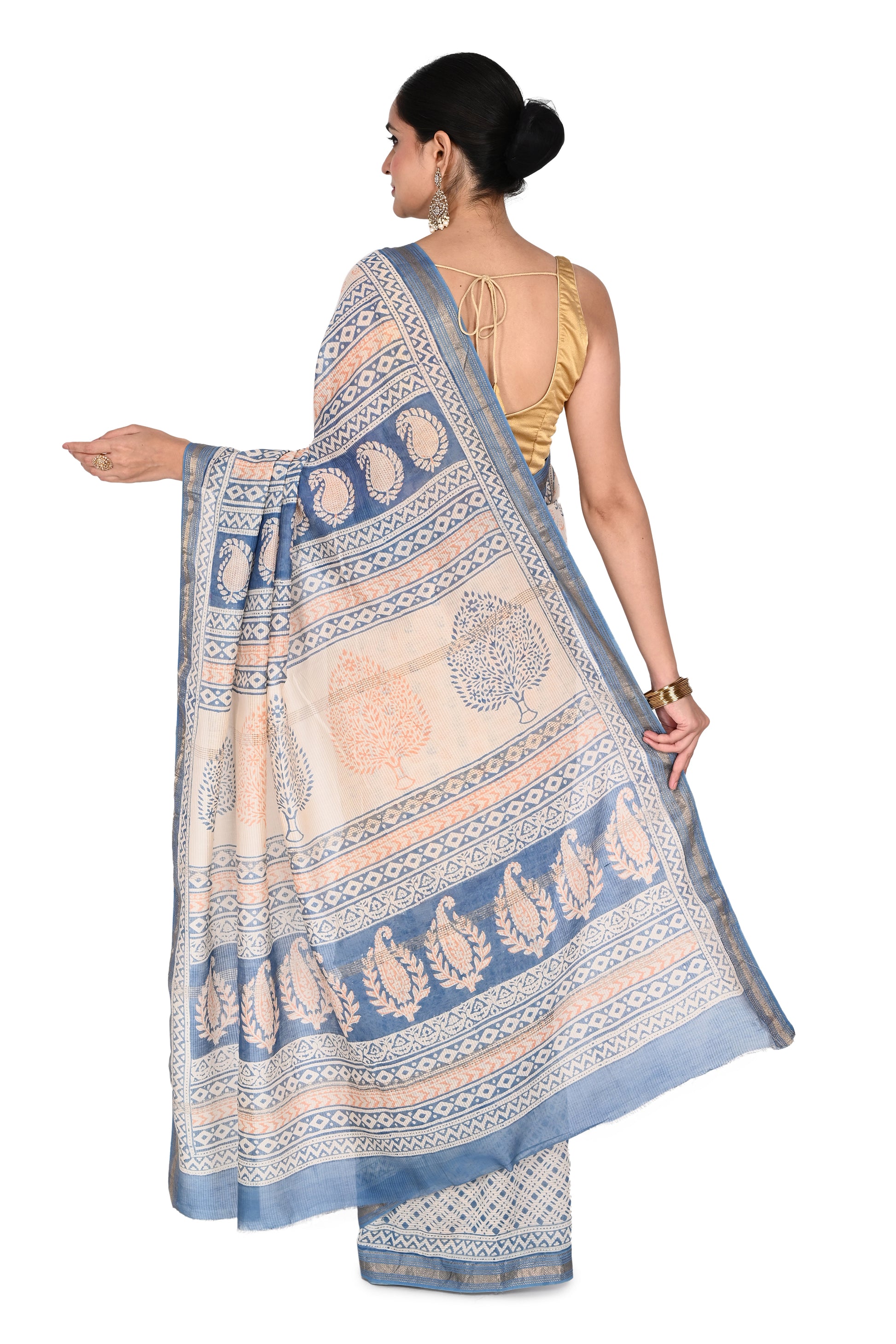 Naitri Kanaka Saree: Beige and white cotton silk saree featuring artisanal geometric Bagh prints and a classic fluid drape by naitri.in