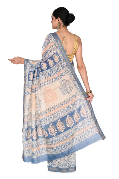 Naitri Kanaka Saree: Beige and white cotton silk saree featuring artisanal geometric Bagh prints and a classic fluid drape by naitri.in