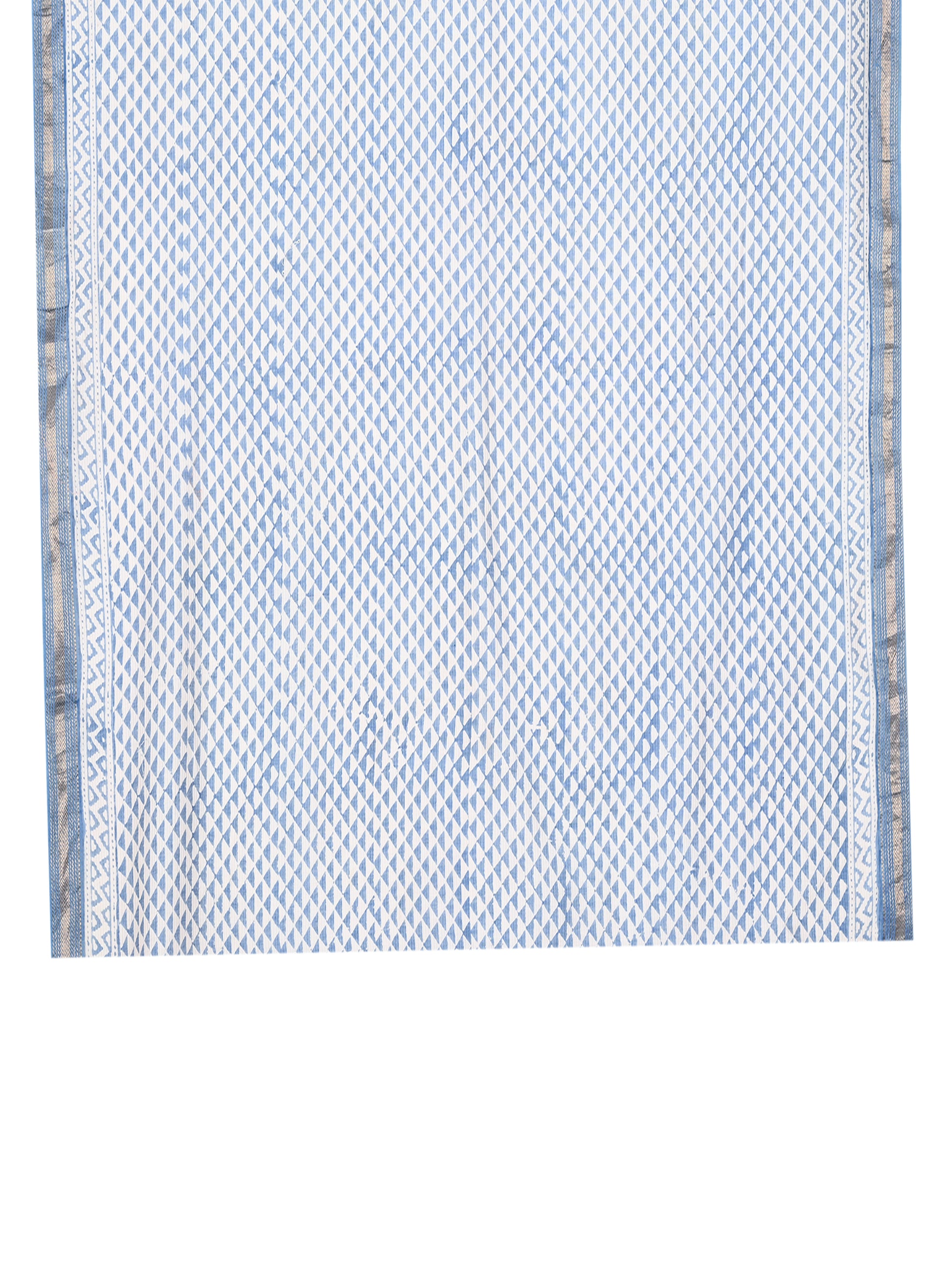 Elegant Maheshwari saree in soft cotton silk fabric, featuring traditional blue geometric hand-blocked motifs on a beige base by naitri.in