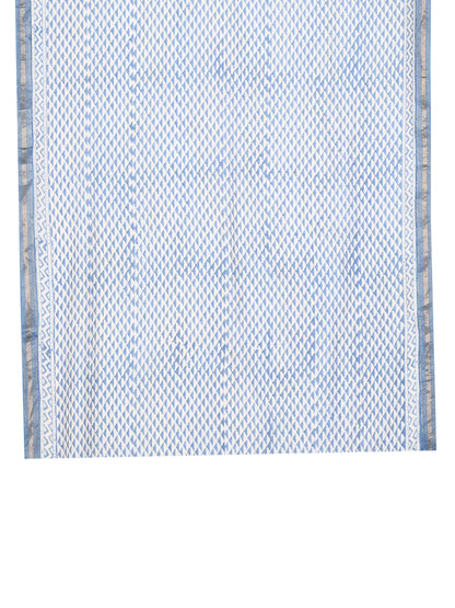 Elegant Maheshwari saree in soft cotton silk fabric, featuring traditional blue geometric hand-blocked motifs on a beige base by naitri.in