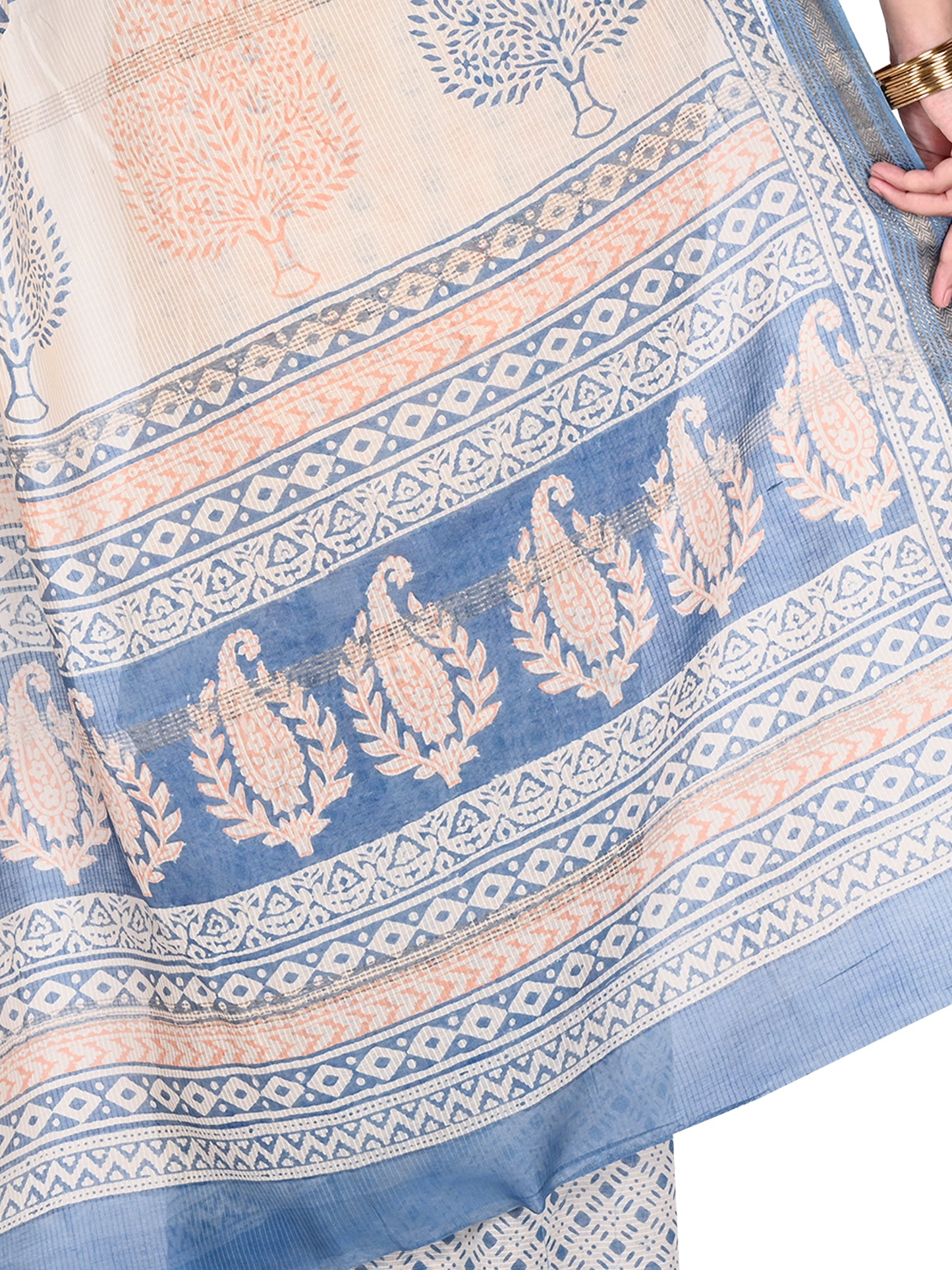 Close-up of the intricate blue hand block printing and subtle sheen of the Kanaka Maheshwari cotton silk fabric by naitri.in