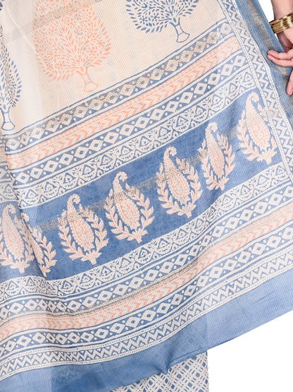 Close-up of the intricate blue hand block printing and subtle sheen of the Kanaka Maheshwari cotton silk fabric by naitri.in