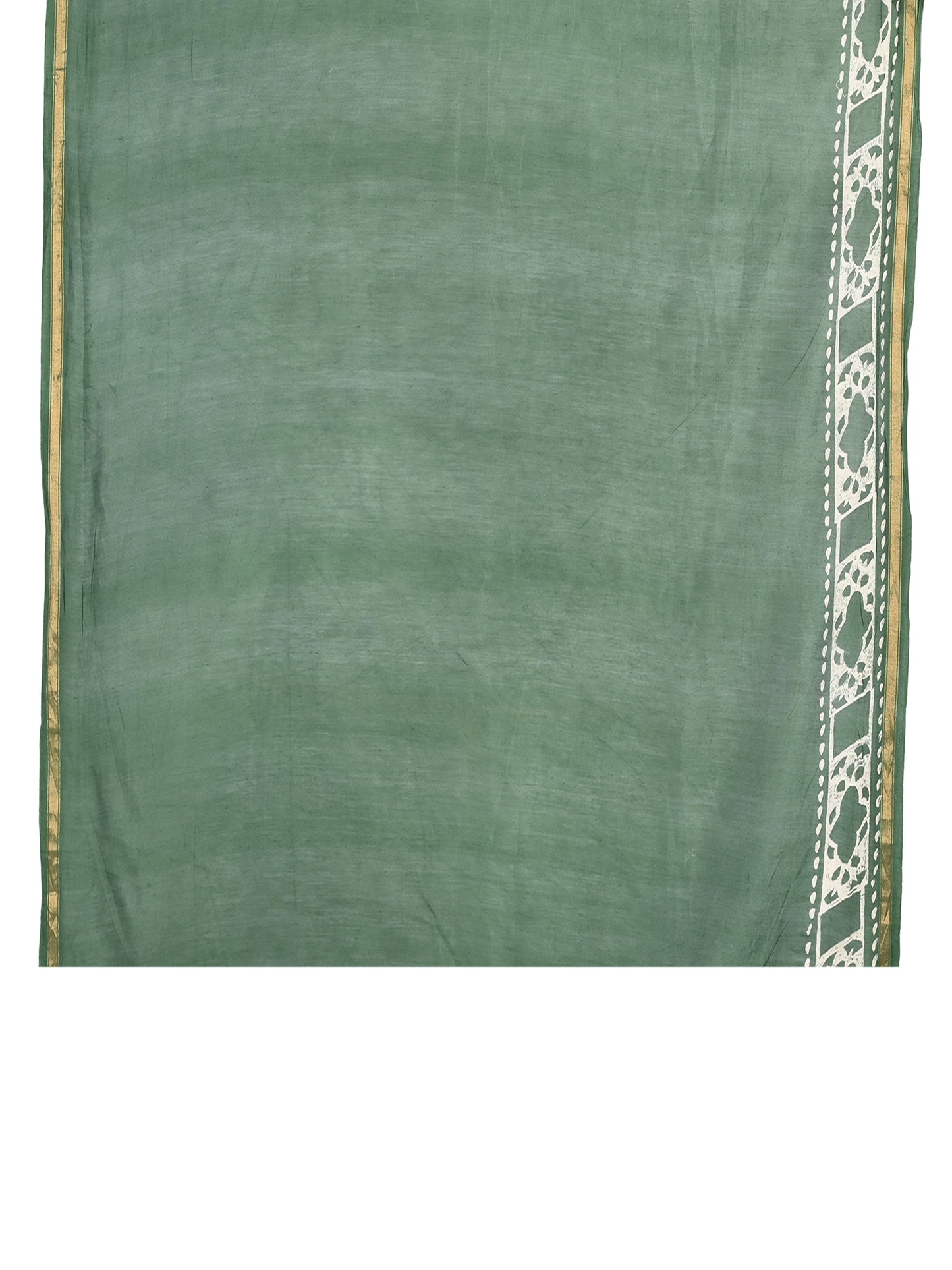Deep green Kimaya hand block printed cotton-silk saree with white tree motifs and gold border blouse by naitri.in