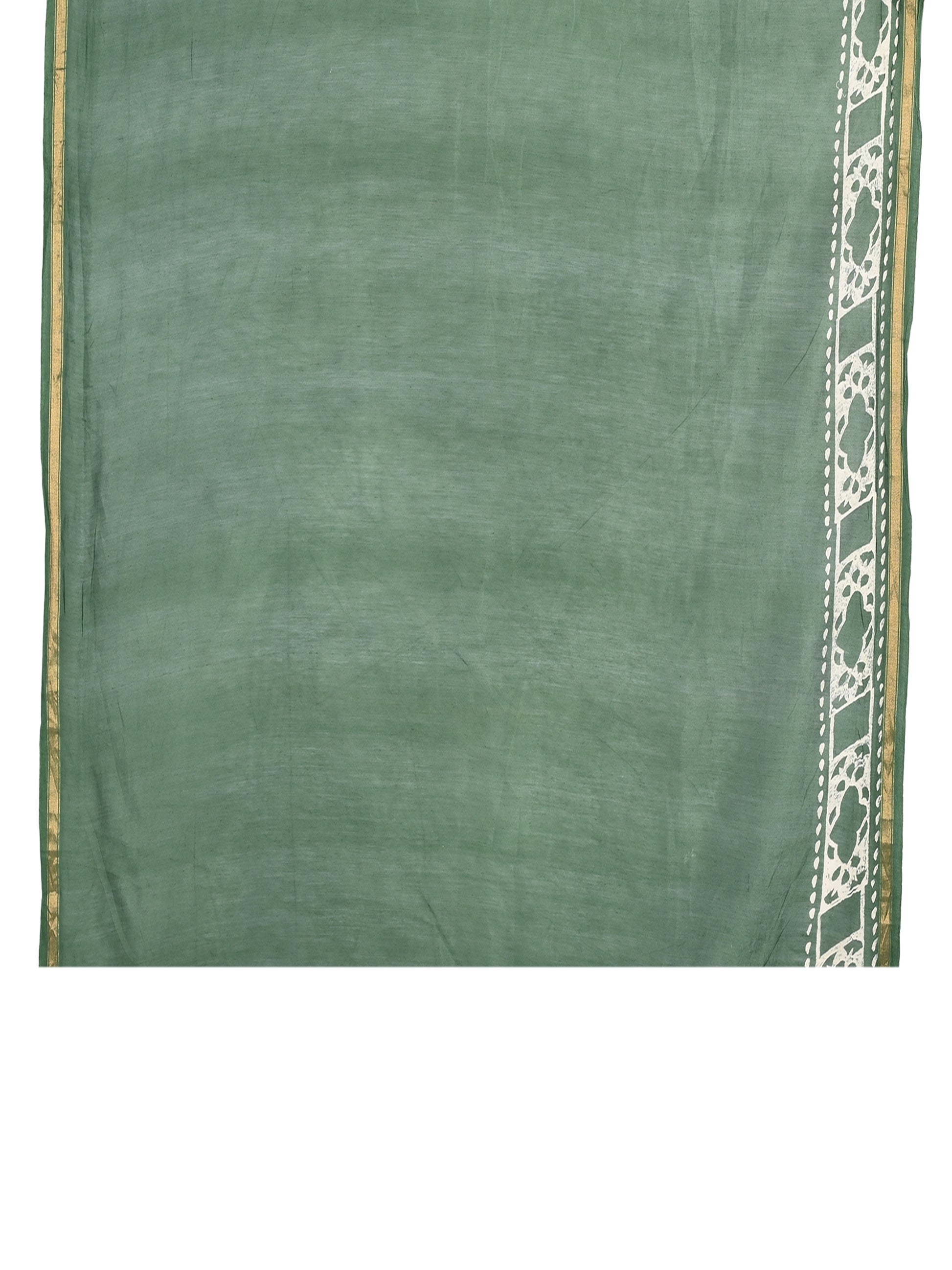 Deep green Kimaya hand block printed cotton-silk saree with white tree motifs and gold border blouse by naitri.in
