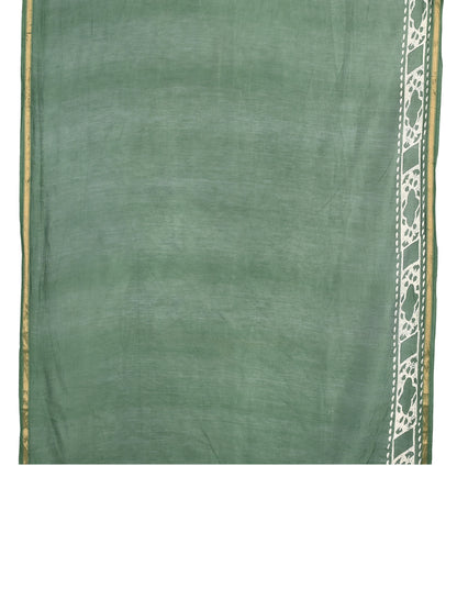 Deep green Kimaya hand block printed cotton-silk saree with white tree motifs and gold border blouse by naitri.in