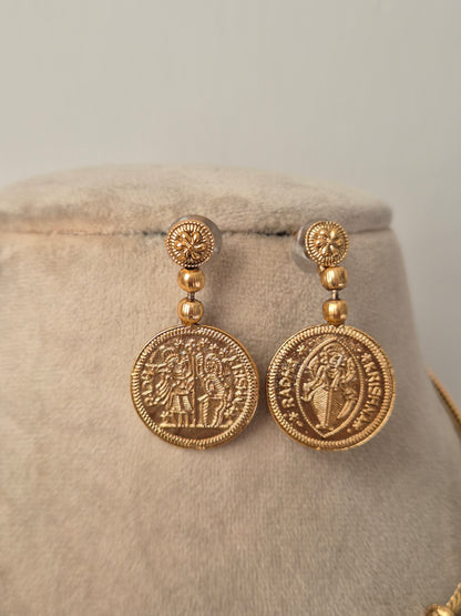 Gold coin-shaped earrings deity stamped on the coins Radha-Krishna by naitri.in