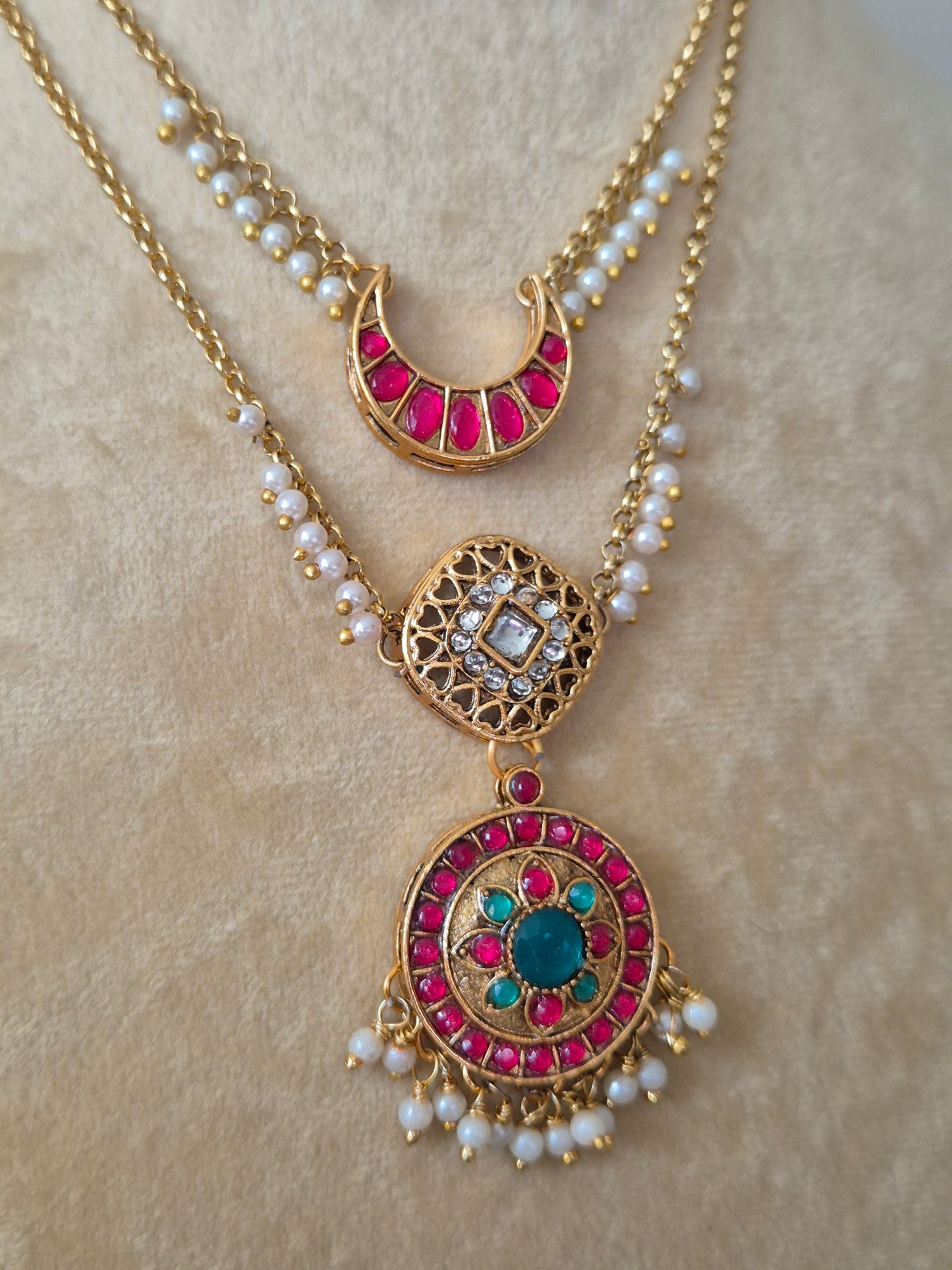 Traditional Gold-Plated Long Necklace with Pink Stones and Green Accents for Festive Occasions by naitri.in