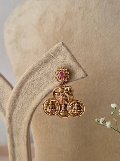 golden brass alloy coin earring with matching traditional earrings decorated with a small pinkish-red stone by naitri.in