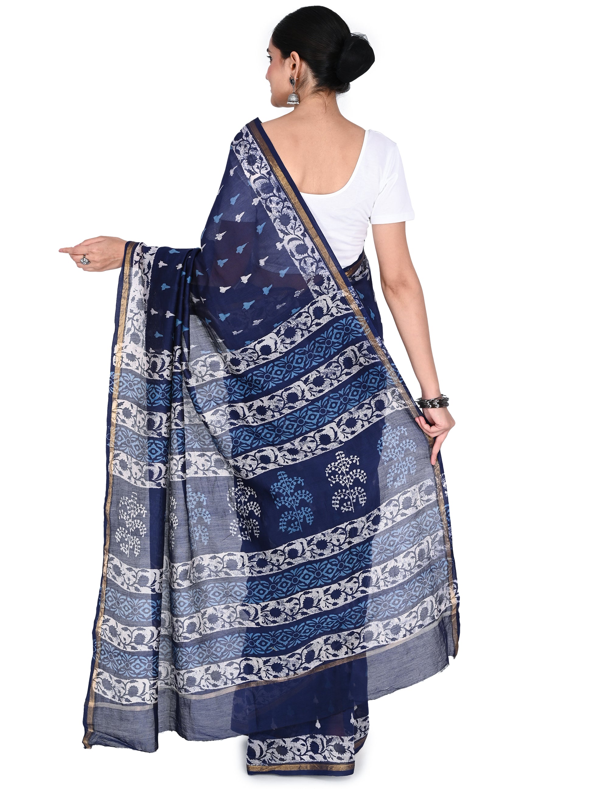 Navy blue and white Manjita hand block printed cotton-silk saree with gold border detail by naitri.in