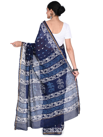 Navy blue and white Manjita hand block printed cotton-silk saree with gold border detail by naitri.in