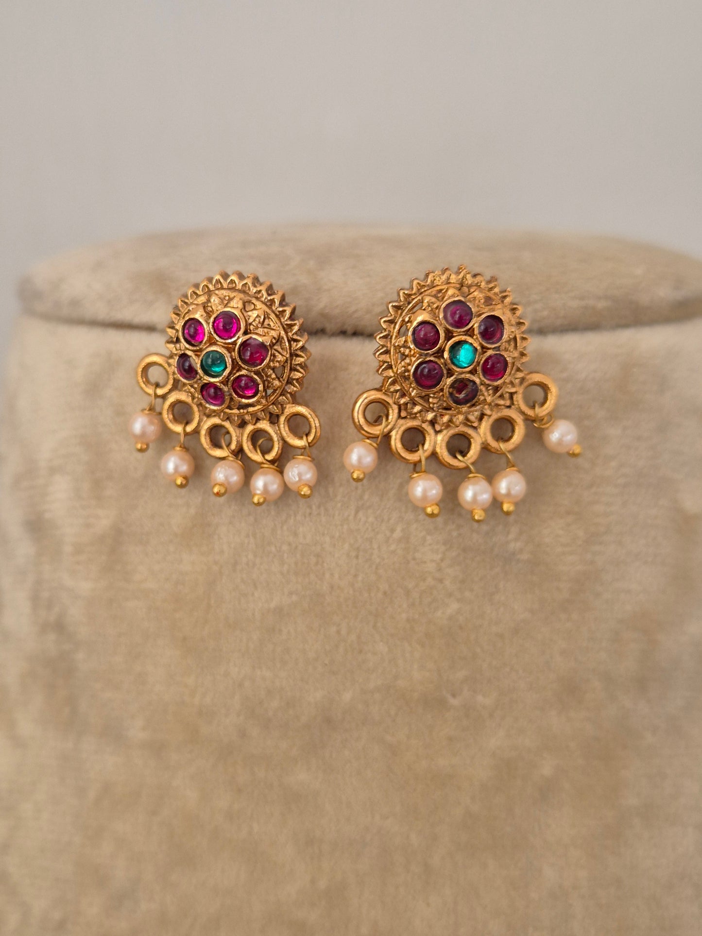 Artisanal Mansi earring with a stone-set, hanging pearls, by naitri.in