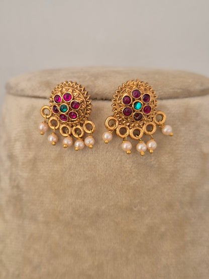 Artisanal Mansi earring with a stone-set, hanging pearls, by naitri.in