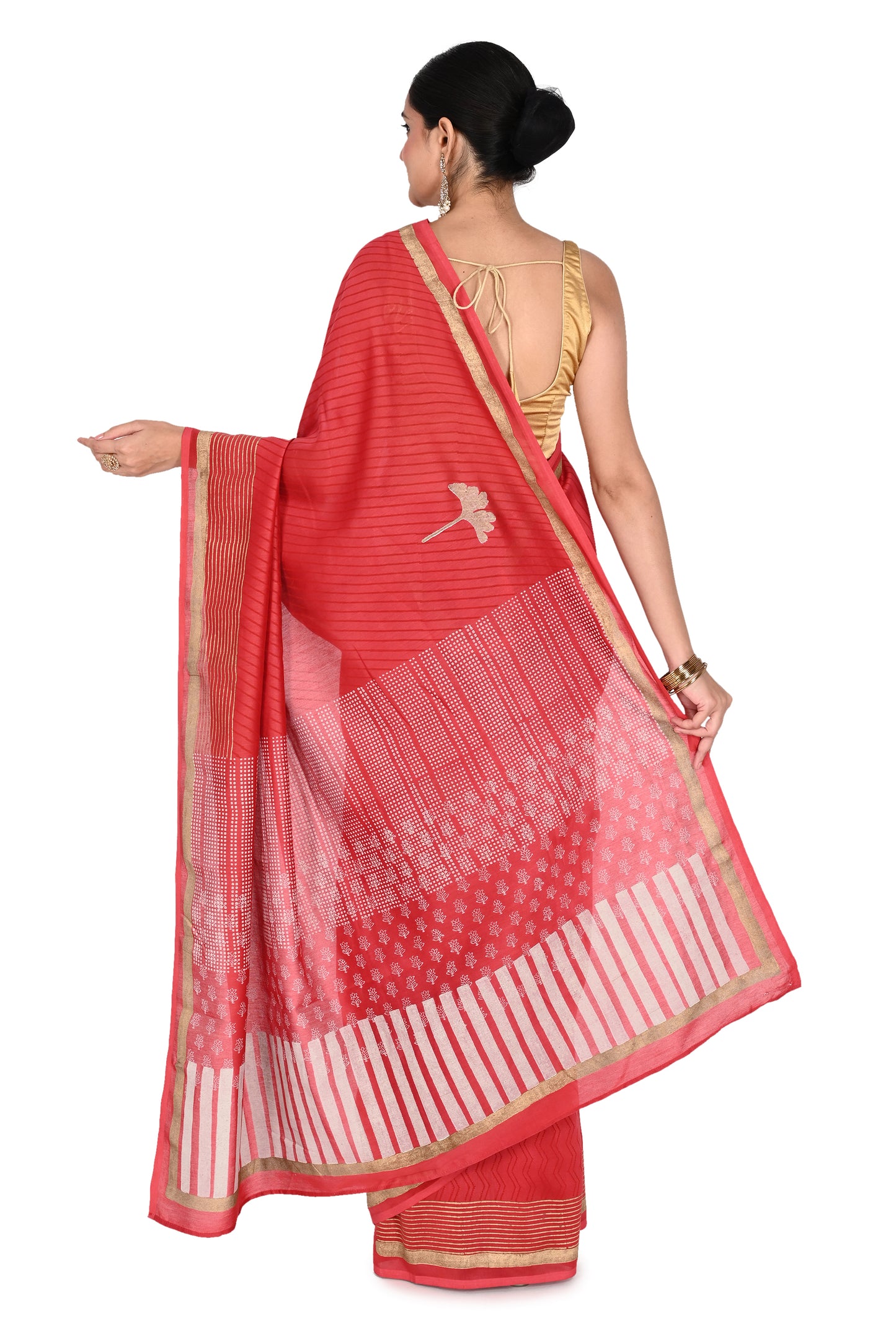 Red hand-block printed saree handcrafted in Bagh, Madhya Pradesh, blending traditional heritage art with a contemporary silk-blend fabric by naitri.in