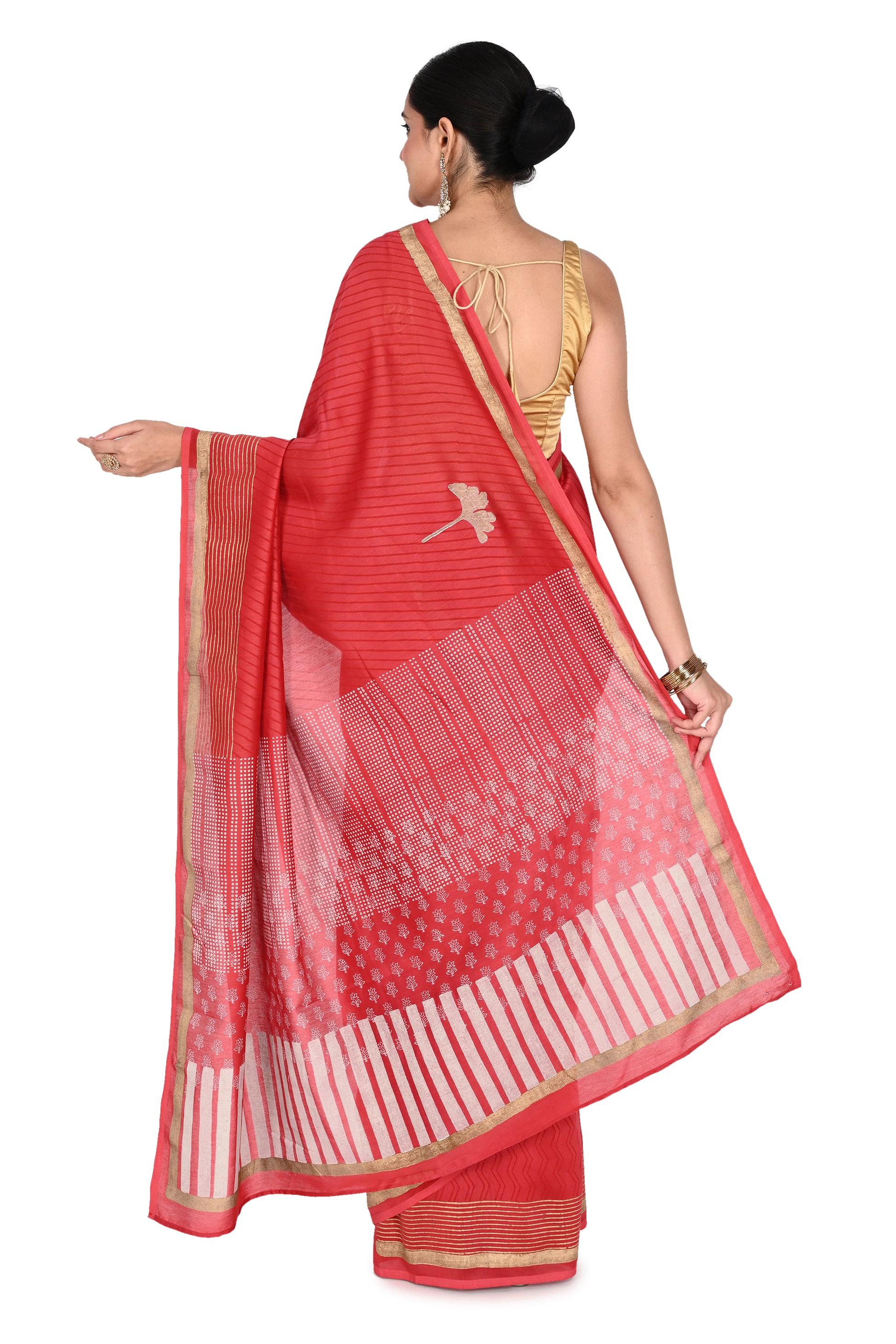 Red hand-block printed saree handcrafted in Bagh, Madhya Pradesh, blending traditional heritage art with a contemporary silk-blend fabric by naitri.in