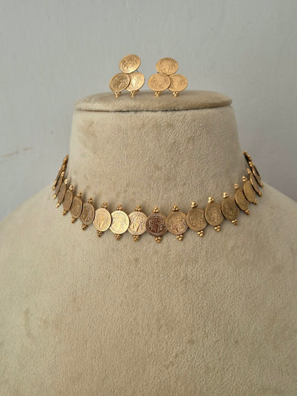 Antique finish gold coin earrings and choker set for ethnic wear, by naitri.in