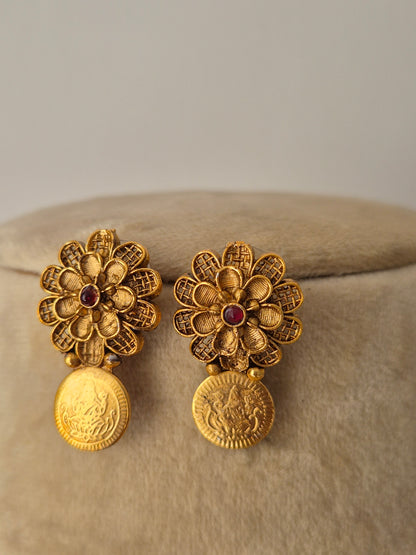 gold coin with textured floral earring showcasing an antique finish from the Naitri.in