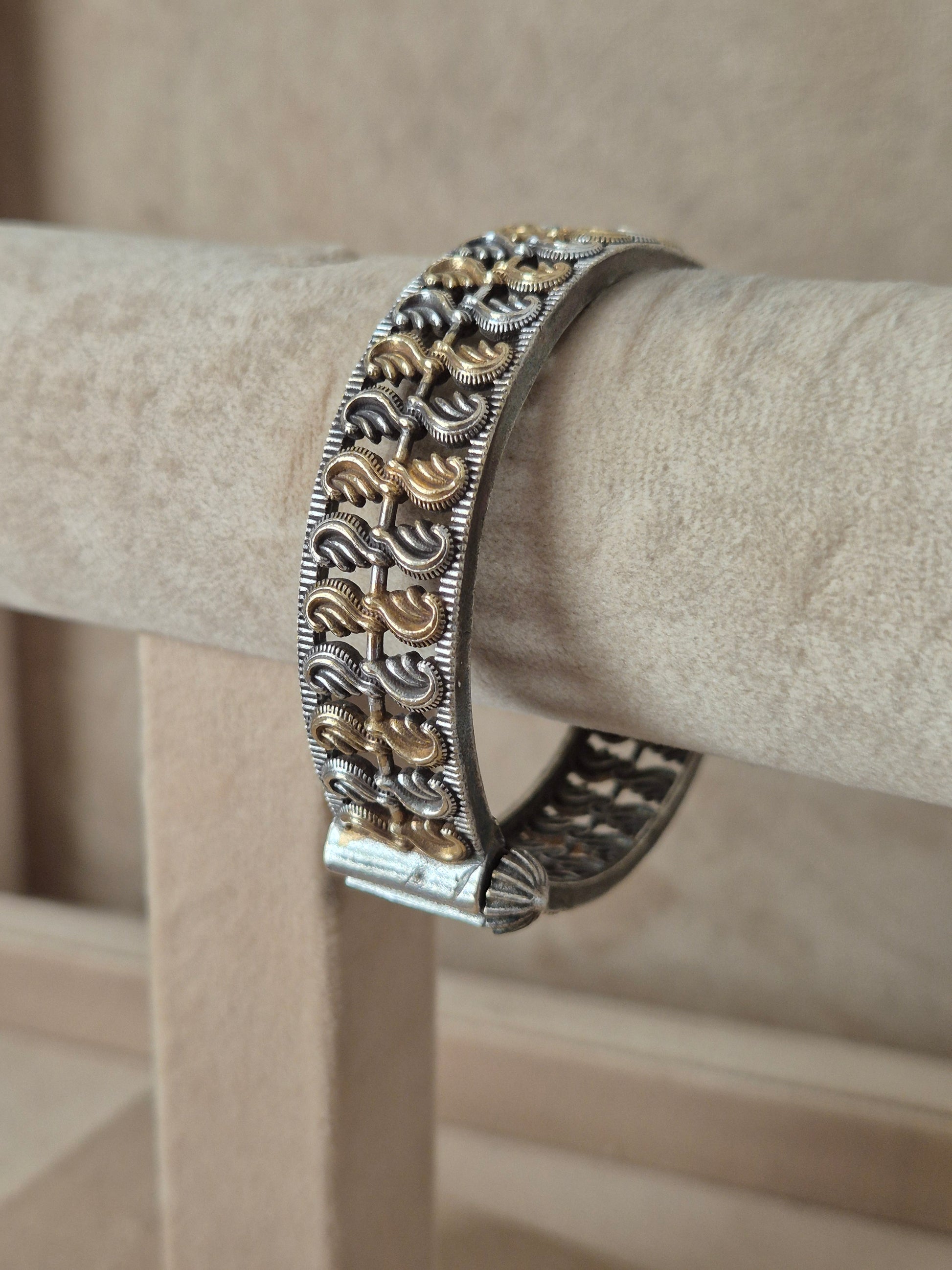 Detailed antique silver oxidized bangle with geometric metalwork patterns by naitri.in