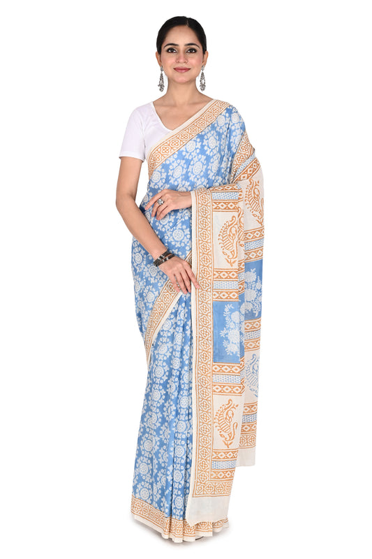 Mridula Hand Block Printed Cotton Saree detail showing traditional Bagh print motifs in blue and orange by naitri.in