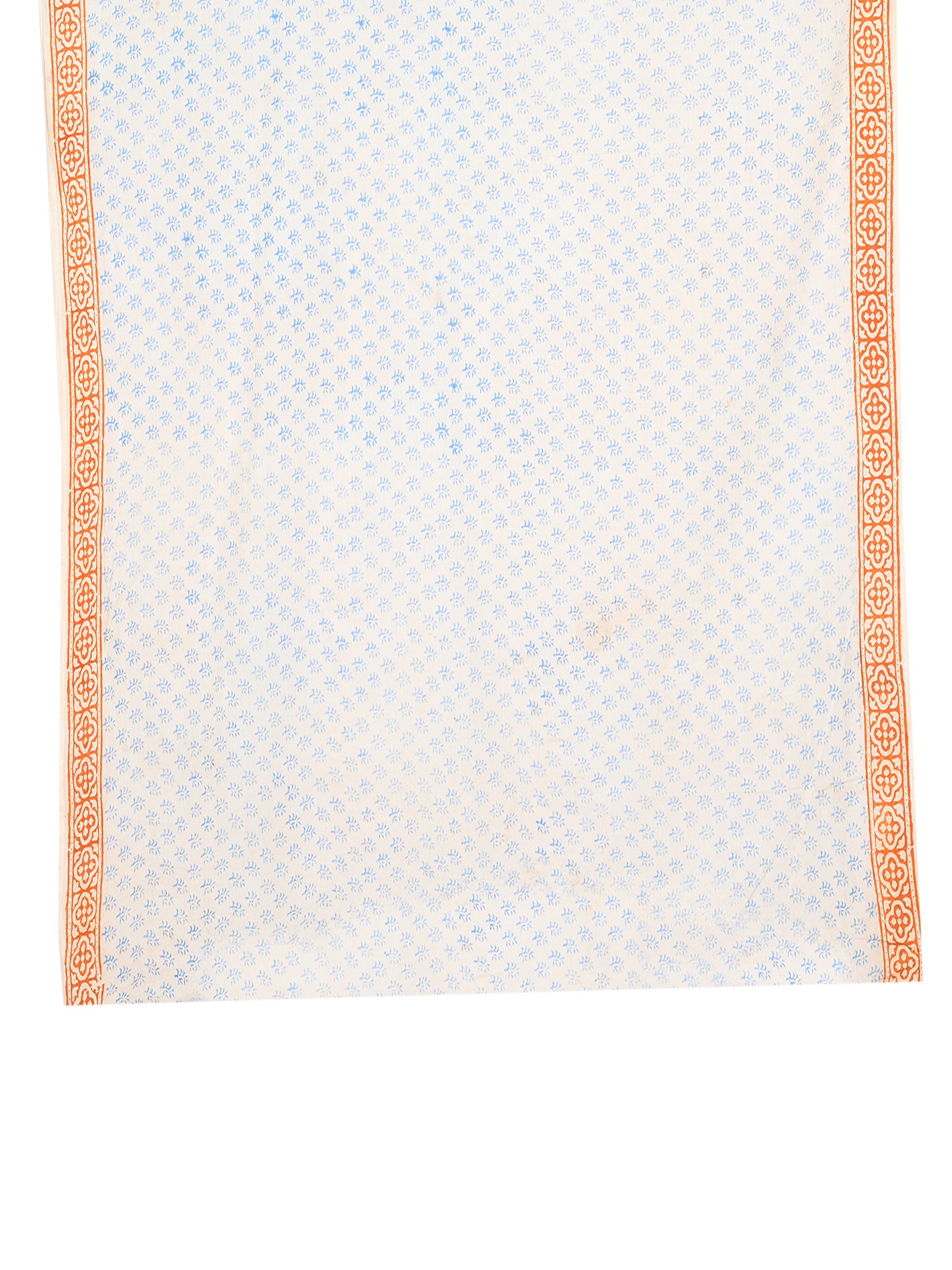 White cotton saree fabric with a mix of soft blue floral patterns and earthy orange paisley borders blouse by naitri.in
