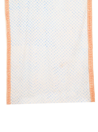 White cotton saree fabric with a mix of soft blue floral patterns and earthy orange paisley borders blouse by naitri.in