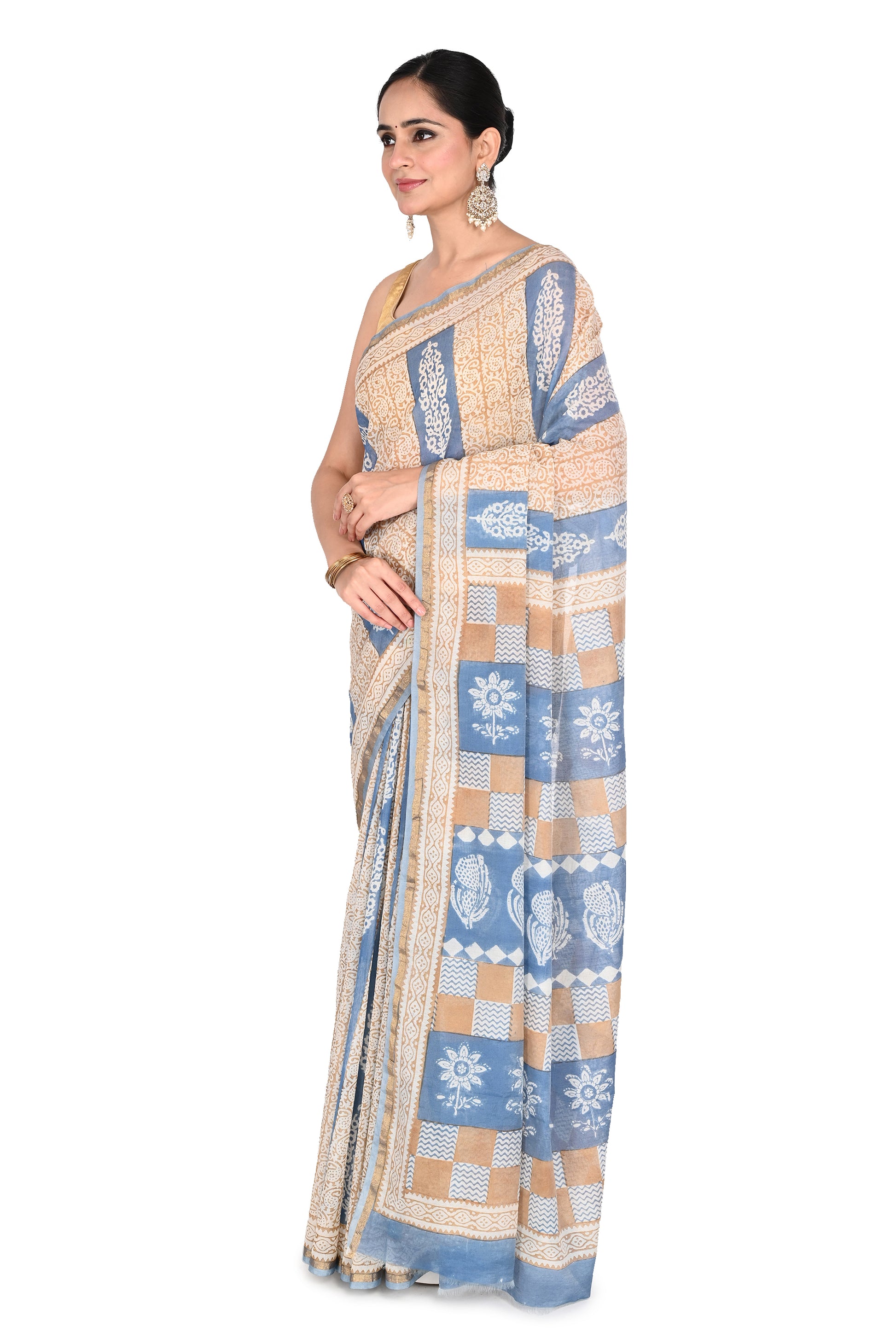 Full-length view of a handcrafted cotton silk saree with a matching blouse piece, showcasing artisanal Madhya Pradesh block print designs by naitri.in