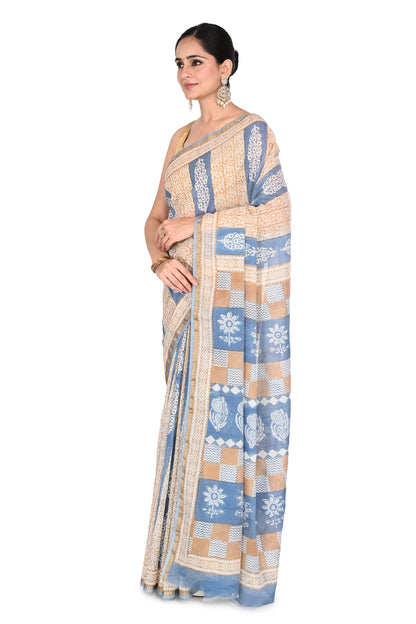 Full-length view of a handcrafted cotton silk saree with a matching blouse piece, showcasing artisanal Madhya Pradesh block print designs by naitri.in